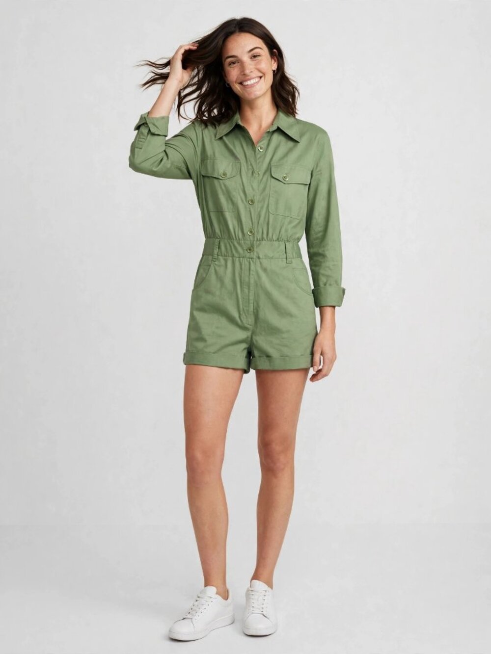 TIBI Olive Green Utility Romper | Button Front Cinched Waist | Women 8